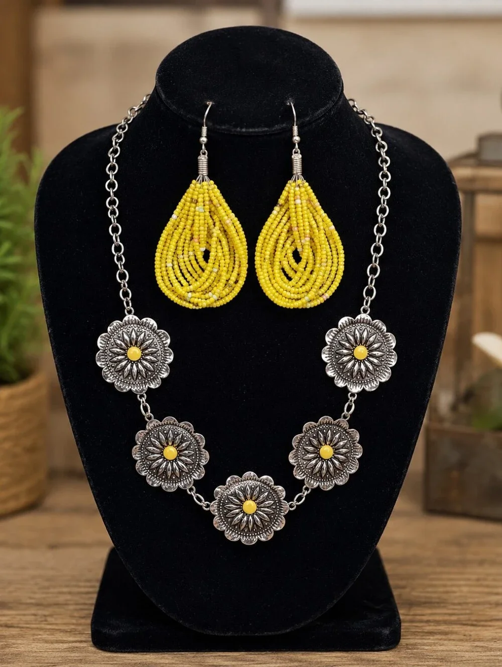 Silver Tone Floral Concho Necklace & Mustard Yellow Beaded Earrings Set